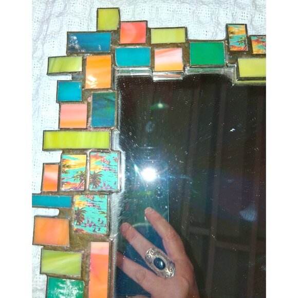 Handcrafted Stained Glass Mosaic Wall Mirror Mcm Handforged Atomic Retro - Picture 5 of 12